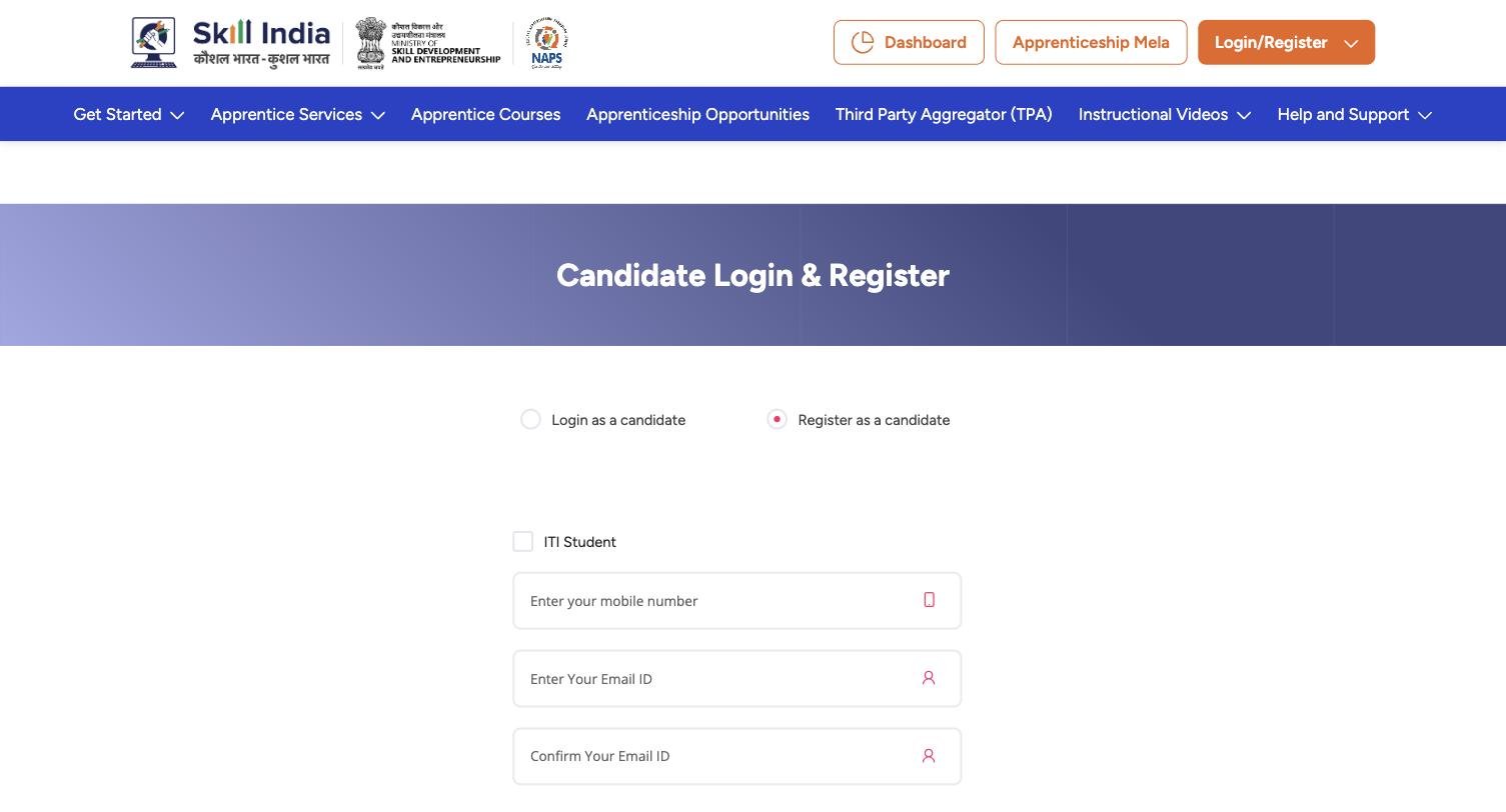 NAPS candidate registration form on apprenticeshipindia.gov.in showing the Register as a candidate option, ITI Student checkbox, mobile number and email ID fields