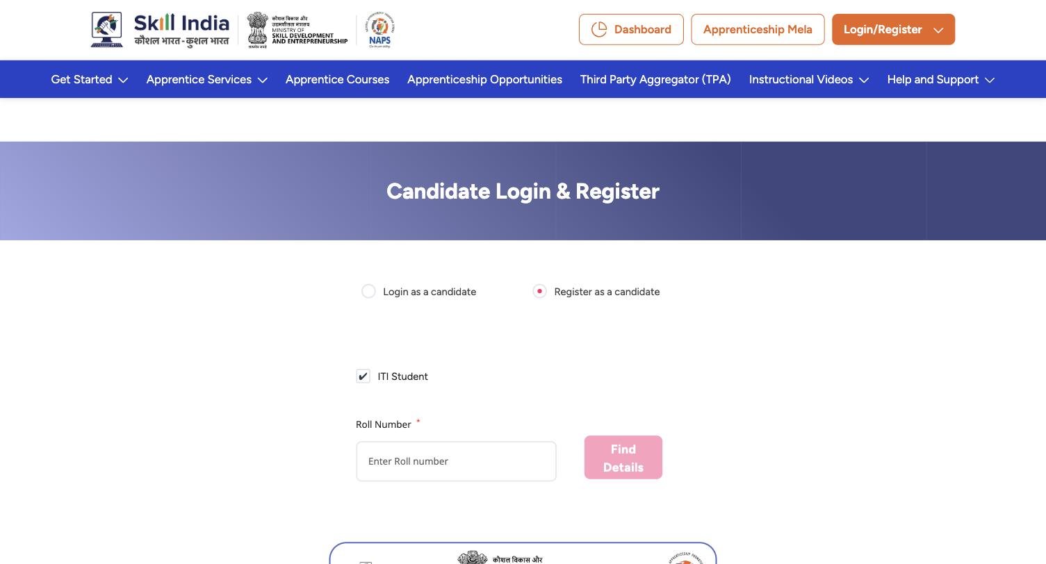 NAPS registration form with the ITI Student checkbox ticked, revealing a Roll Number field and a Find Details button